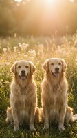 Two golden retriever dogs sitting together in a sunlit meadow filled with wildflowers and grass during golden hour. Perfect for pet, nature, and lifestyle projects.