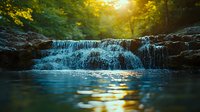 Cascading waterfall over rocky ledge in forest at golden sunset, with sunlight reflecting on rippling blue water surface creating magical atmosphere in nature.