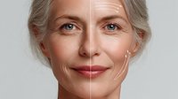 Comparison of mature woman's face showing aging process with wrinkles on one side and smooth skin on other side, demonstrating anti-aging treatment results.