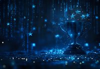 Glowing trophy with falling stars and digital rain effect in dark blue cyberpunk style background creates futuristic achievement concept for gaming and technology designs.