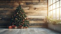 Decorated Christmas tree with colorful ornaments and gift boxes in rustic wooden interior with large window and warm sunlight for holiday celebrations.