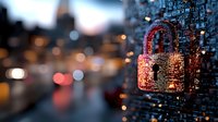 Padlock symbol glowing in red on digital circuit board with blurred cityscape background, representing cybersecurity, data protection, and network encryption for tech concepts.