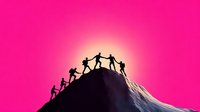 Team of climbers helping each other reach mountain summit at sunrise with vibrant pink sky background for teamwork and leadership concepts.