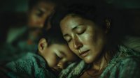 Asian mother sleeping peacefully with young child in bed, intimate family bonding moment in soft warm lighting for parenting and childcare concepts.