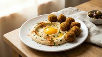 Creamy hummus with golden falafel balls, fried egg and olive garnish on white plate. Mediterranean breakfast or lunch meal on wooden table with natural lighting.