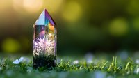 Crystal point with rainbow aura and pink flowers inside stands in green grass with bokeh background and small white flowers, magical nature concept.