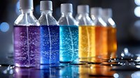Colorful carbonated drinks in plastic bottles arranged in rainbow gradient order from purple to orange, with bubbles and fizz visible against dark background.