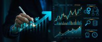 Business professional analyzing financial data with digital charts and graphs showing upward growth trends on futuristic holographic interface display.