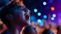 Young woman with curly hair laughing joyfully at night event with colorful bokeh lights creating vibrant party atmosphere for entertainment concepts.