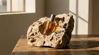 Amber glass bottle nestled in natural stone with porous texture, displayed on wooden surface near window light, suitable for skincare, wellness, and luxury product packaging concepts.