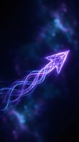 Glowing neon arrow pointing upward with flowing energy trails on dark blue background, representing growth, success, and forward momentum for business and technology concepts.