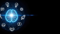 Digital brain with glowing neural networks surrounded by business icons on dark background for artificial intelligence and technology concepts.