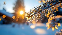 Frosty pine branch with morning sunlight creating golden bokeh effect against snowy winter background, magical seasonal nature macro photography.