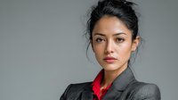 Professional Asian businesswoman in gray suit with red shirt portrait for corporate marketing and career success concepts.