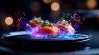 Fresh salmon sashimi on black plate with magical glowing sparkles and bokeh lights, vibrant neon colors create mystical food photography atmosphere.