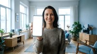 Young Caucasian woman holding blank smartphone screen in modern living room interior, smiling at camera for mobile app presentation or digital marketing.