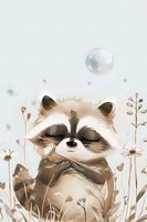 Cute raccoon character among wildflowers and floating bubbles in soft beige and blue tones, artistic illustration style for children's books and nursery decor.