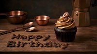 Chocolate cupcake with caramel frosting and Happy Birthday spelled in coffee beans on rustic wooden table with copper kitchenware.