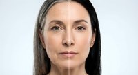 Middle-aged woman face split showing aging process with wrinkles and gray hair transformation on white background for skincare and beauty concepts.