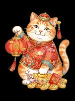 Cute lucky cat in traditional red festive outfit holding a lantern and gold coins, isolated on transparent background, for stickers, t-shirts, print on demand.
