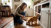 Woman feeding orange tabby cat from can in cozy home kitchen with wooden floors and bookshelves. Pet care and domestic life concept.