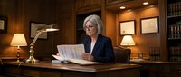 Senior Caucasian businesswoman with gray hair and glasses reviewing documents at wooden desk in elegant office with warm lighting and bookshelves.
