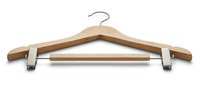 Wooden clothes hanger with metal clips and chrome hook, isolated on white background, ready for design use in retail and fashion projects.
