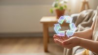 Hands holding glowing recycling symbol in modern home interior, representing environmental sustainability, eco-friendly practices, and green living commitment for conservation awareness campaigns.
