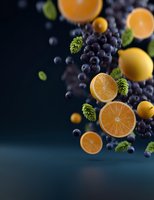 Fresh citrus fruits and dark grapes with green hops floating against dark background, creating dynamic food composition for beverage advertising.