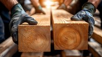 Carpenter in protective gloves examining freshly cut wooden beams showing natural grain pattern and annual rings. Close-up woodworking detail in workshop.