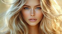 Young blonde woman with blue eyes and natural makeup against golden light background, soft glowing skin and wavy hair creating ethereal portrait effect.