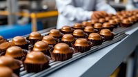 Chocolate candies on automated production line conveyor belt in confectionery factory. Manufacturing process shows rows of fresh pralines.