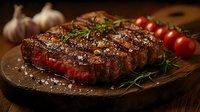 Juicy grilled ribeye steak with fresh rosemary, cherry tomatoes and garlic on rustic wooden board. Medium rare beef seasoned with coarse salt and spices.