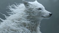Majestic white wolf with flowing fur against dark background, side view portrait showing ethereal movement and wild spirit in dramatic lighting.