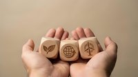 Caucasian person holding three wooden blocks with sustainability symbols including leaf, globe, and wind turbine icons representing environmental responsibility and green business practices.