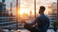 Young African American man meditating in lotus position on balcony during sunset, wearing casual attire, with urban cityscape backdrop and warm golden light.