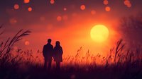 Silhouette of romantic couple standing in meadow at dramatic orange sunset with sun and bokeh lights, tall grass swaying in evening breeze.