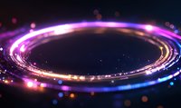 Glowing neon ring with sparkling particles and light effects on dark background, abstract circular motion trail with purple and blue luminous elements.