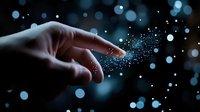 Magical finger touch creating sparkly blue dust trail effect against dark background with bokeh lights, mystical and ethereal atmosphere for fantasy designs.