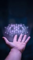 Hand holding glowing purple network connections representing digital technology, artificial intelligence, and data visualization concepts.