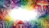 Psychedelic mushroom border with rainbow gradient and mystical fungi illustrations creating magical frame for text or design elements.