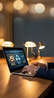 Businessman hands typing on laptop with digital dashboard analytics in modern office with warm lighting and bokeh background for business technology.