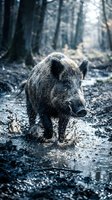 Wild boar splashing through muddy forest stream with water droplets flying in natural woodland habitat during daylight hours.