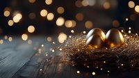 Golden eggs nestled in shimmering nest with warm bokeh lights on dark wooden surface, symbolizing wealth, investment, and prosperity for financial concepts.