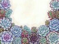 Watercolor succulent garden border with colorful rosette plants in blue, purple, and green tones on a light background.
