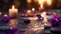 Mystical tarot cards with burning candles and purple flowers creating atmospheric fortune telling scene for spiritual guidance and divination practices.