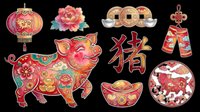Festive Chinese New Year pig clipart set isolated on transparent background, featuring lantern, coins, peony, and zodiac elements for stickers, sublimation, t-shirt design.