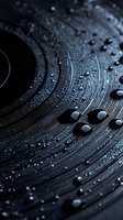 Macro shot of vinyl record with water drops creating artistic pattern. Dark moody atmosphere with glistening droplets on grooved surface. Music and nostalgia concept.