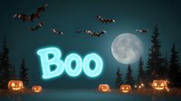 Spooky Halloween night scene with glowing neon blue Boo text, carved pumpkins, full moon, flying bats and dark forest silhouettes creating haunted atmosphere.