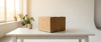 Cardboard delivery package box on white table in bright modern home interior with natural sunlight and houseplant for shipping and e-commerce concepts.